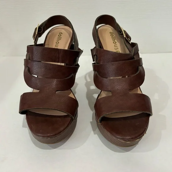 DOLLHOUSE Faux Leather Open Toe Strappy Platform Sandal Wedges - brown, size 6.5 - Picture 3 of 8